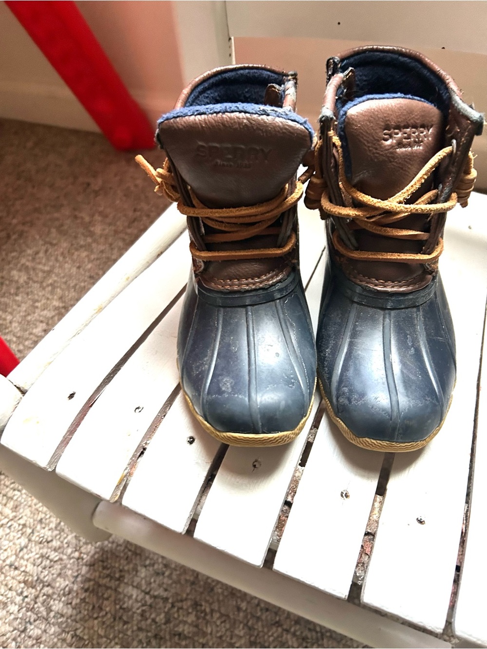 Sperry Kids Navy and Brown Waterproof Duck Boots, size 11M